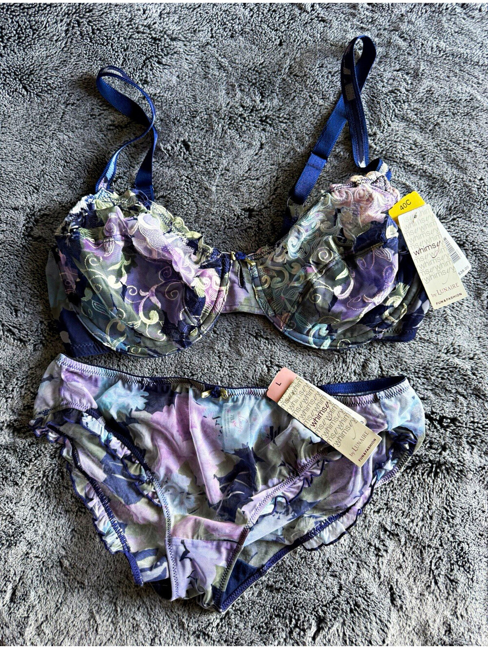 NWT Whimsy by Lunaire Underwire Bra Set 40C Sheer Mesh Purple Blue Floral